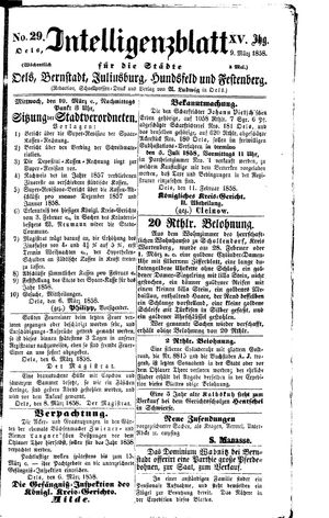 Intelligenzblatt für die Städte Oels, Bernstadt, Juliusburg, Hundsfeld und Festenberg vom 09.03.1858