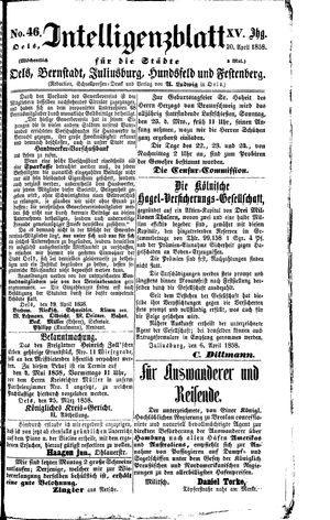 Intelligenzblatt für die Städte Oels, Bernstadt, Juliusburg, Hundsfeld und Festenberg vom 20.04.1858
