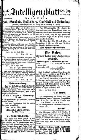 Intelligenzblatt für die Städte Oels, Bernstadt, Juliusburg, Hundsfeld und Festenberg vom 22.04.1858