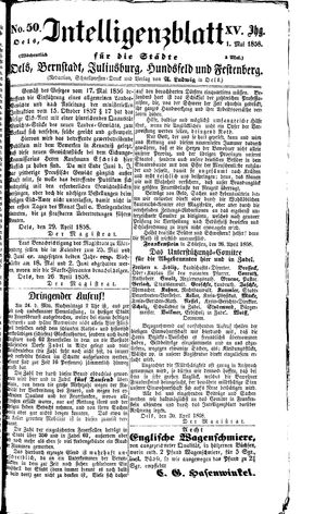 Intelligenzblatt für die Städte Oels, Bernstadt, Juliusburg, Hundsfeld und Festenberg on May 1, 1858