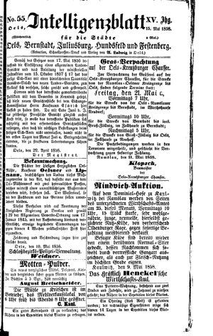 Intelligenzblatt für die Städte Oels, Bernstadt, Juliusburg, Hundsfeld und Festenberg on May 15, 1858