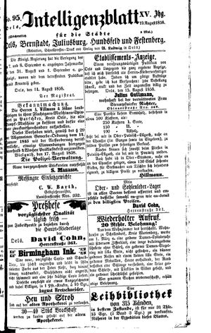 Intelligenzblatt für die Städte Oels, Bernstadt, Juliusburg, Hundsfeld und Festenberg on Aug 19, 1858