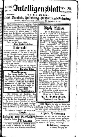 Intelligenzblatt für die Städte Oels, Bernstadt, Juliusburg, Hundsfeld und Festenberg on Aug 31, 1858
