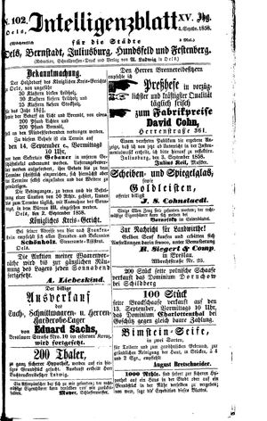 Intelligenzblatt für die Städte Oels, Bernstadt, Juliusburg, Hundsfeld und Festenberg on Sep 4, 1858