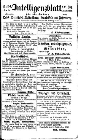Intelligenzblatt für die Städte Oels, Bernstadt, Juliusburg, Hundsfeld und Festenberg vom 09.09.1858