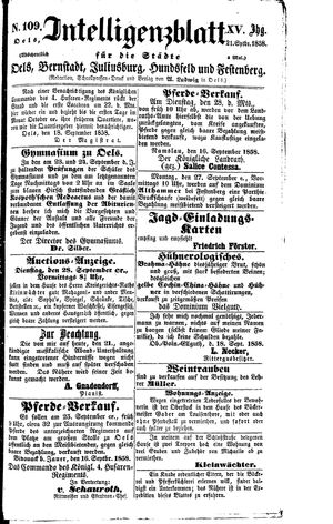 Intelligenzblatt für die Städte Oels, Bernstadt, Juliusburg, Hundsfeld und Festenberg on Sep 21, 1858