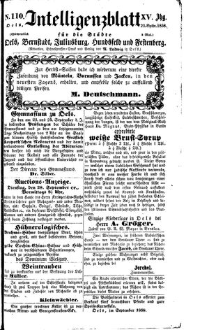 Intelligenzblatt für die Städte Oels, Bernstadt, Juliusburg, Hundsfeld und Festenberg vom 23.09.1858