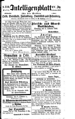 Intelligenzblatt für die Städte Oels, Bernstadt, Juliusburg, Hundsfeld und Festenberg vom 02.10.1858