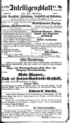 Intelligenzblatt für die Städte Oels, Bernstadt, Juliusburg, Hundsfeld und Festenberg vom 12.10.1858