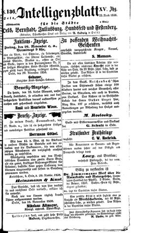 Intelligenzblatt für die Städte Oels, Bernstadt, Juliusburg, Hundsfeld und Festenberg on Nov 23, 1858