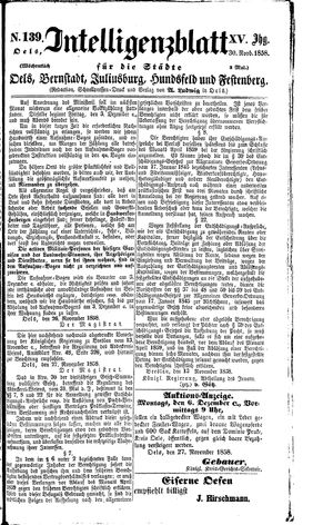 Intelligenzblatt für die Städte Oels, Bernstadt, Juliusburg, Hundsfeld und Festenberg vom 30.11.1858