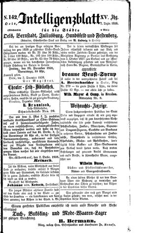 Intelligenzblatt für die Städte Oels, Bernstadt, Juliusburg, Hundsfeld und Festenberg vom 07.12.1858