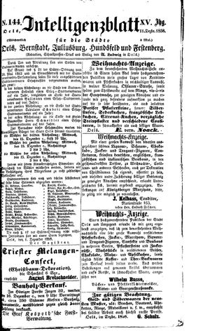 Intelligenzblatt für die Städte Oels, Bernstadt, Juliusburg, Hundsfeld und Festenberg on Dec 11, 1858