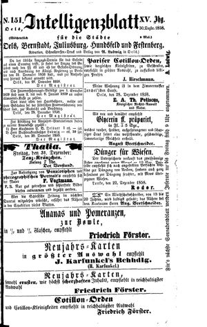 Intelligenzblatt für die Städte Oels, Bernstadt, Juliusburg, Hundsfeld und Festenberg vom 30.12.1858