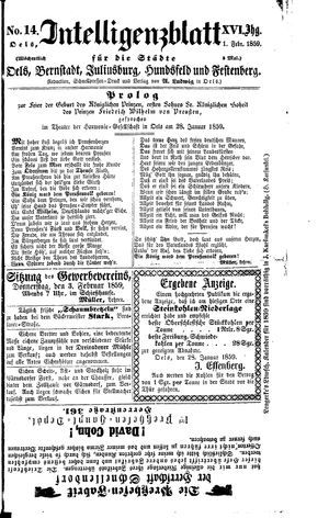 Intelligenzblatt für die Städte Oels, Bernstadt, Juliusburg, Hundsfeld und Festenberg on Jan 31, 1859