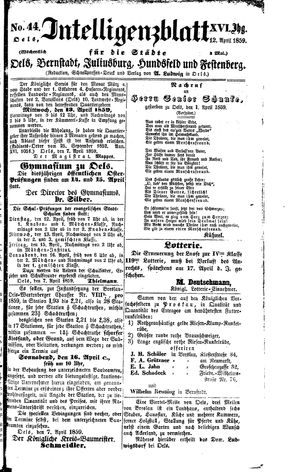 Intelligenzblatt für die Städte Oels, Bernstadt, Juliusburg, Hundsfeld und Festenberg vom 12.04.1859