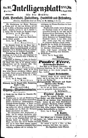 Intelligenzblatt für die Städte Oels, Bernstadt, Juliusburg, Hundsfeld und Festenberg on Aug 9, 1859