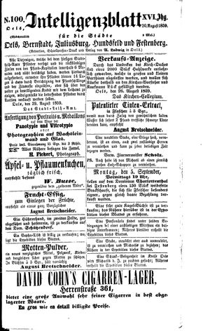 Intelligenzblatt für die Städte Oels, Bernstadt, Juliusburg, Hundsfeld und Festenberg on Aug 30, 1859