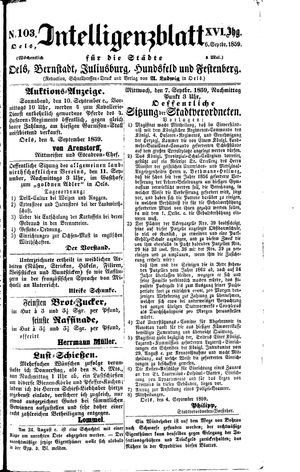 Intelligenzblatt für die Städte Oels, Bernstadt, Juliusburg, Hundsfeld und Festenberg vom 06.09.1859