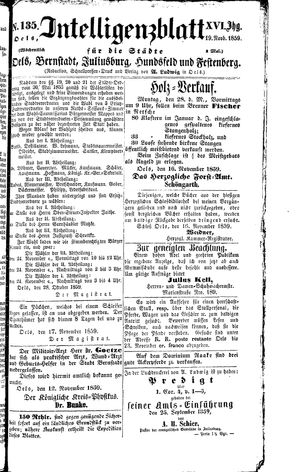 Intelligenzblatt für die Städte Oels, Bernstadt, Juliusburg, Hundsfeld und Festenberg on Nov 19, 1859