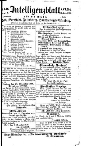 Intelligenzblatt für die Städte Oels, Bernstadt, Juliusburg, Hundsfeld und Festenberg vom 15.12.1859