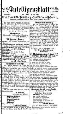Intelligenzblatt für die Städte Oels, Bernstadt, Juliusburg, Hundsfeld und Festenberg on Dec 17, 1859