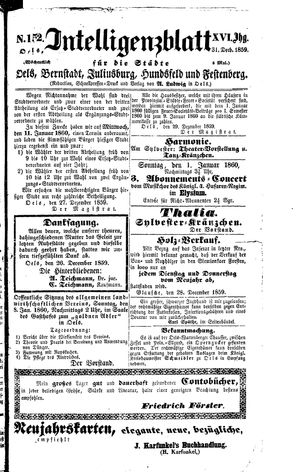 Intelligenzblatt für die Städte Oels, Bernstadt, Juliusburg, Hundsfeld und Festenberg on Dec 31, 1859