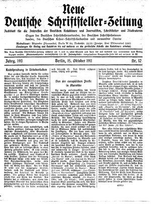 Deutsche Schriftsteller-Zeitung vom 15.10.1911