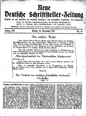 Deutsche Schriftsteller-Zeitung vom 15.12.1911