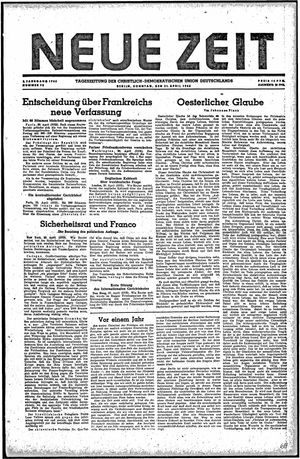 Neue Zeit Online-Archiv vom 21.04.1946