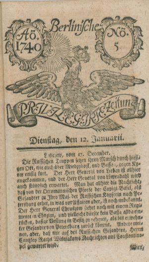Berlinische privilegirte Zeitung vom 12.01.1740