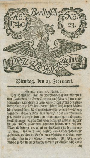 Berlinische privilegirte Zeitung vom 23.02.1740