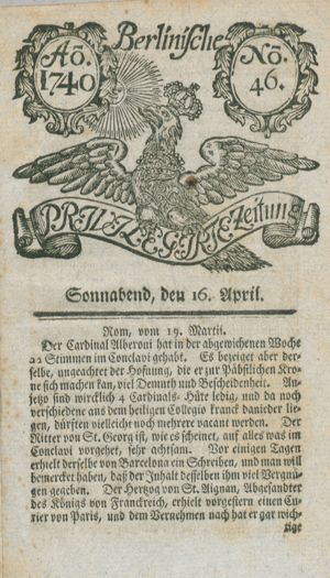 Berlinische privilegirte Zeitung vom 16.04.1740