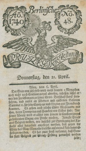 Berlinische privilegirte Zeitung vom 21.04.1740