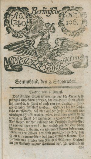 Berlinische privilegirte Zeitung on Sep 3, 1740