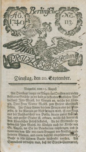 Berlinische privilegirte Zeitung vom 20.09.1740