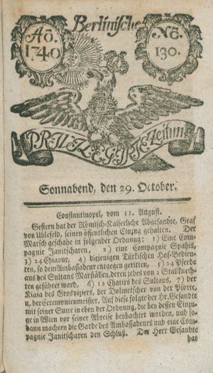 Berlinische privilegirte Zeitung vom 29.10.1740