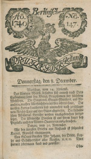 Berlinische privilegirte Zeitung on Dec 8, 1740
