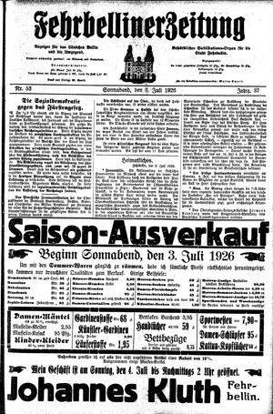 Fehrbelliner Zeitung vom 03.07.1926