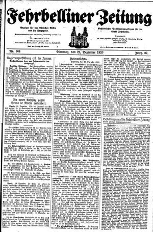 Fehrbelliner Zeitung vom 21.12.1926