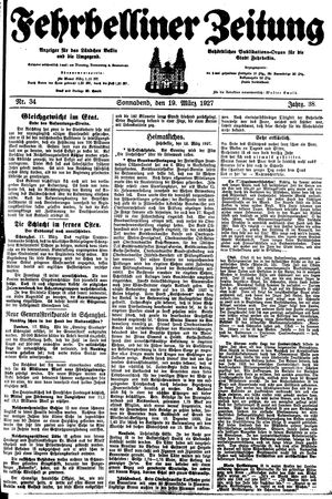 Fehrbelliner Zeitung vom 19.03.1927
