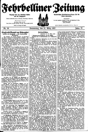 Fehrbelliner Zeitung vom 31.03.1927