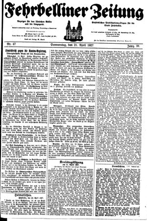 Fehrbelliner Zeitung vom 21.04.1927