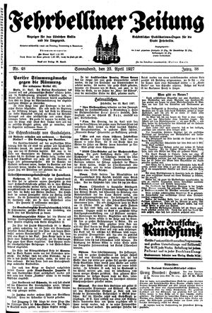 Fehrbelliner Zeitung vom 23.04.1927