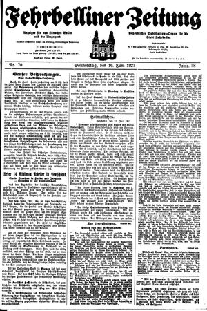Fehrbelliner Zeitung vom 16.06.1927