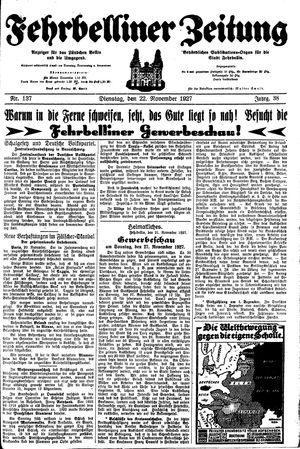 Fehrbelliner Zeitung vom 22.11.1927