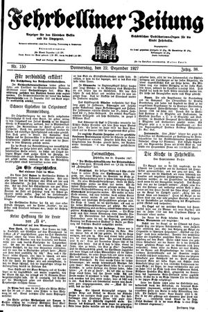 Fehrbelliner Zeitung vom 22.12.1927