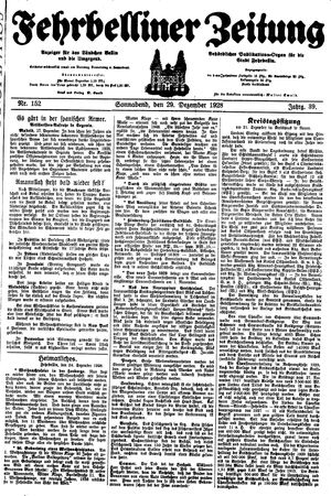 Fehrbelliner Zeitung vom 29.12.1928
