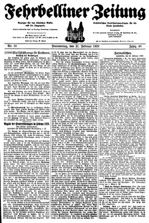 Fehrbelliner Zeitung vom 21.02.1929