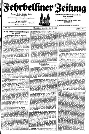 Fehrbelliner Zeitung vom 16.04.1929